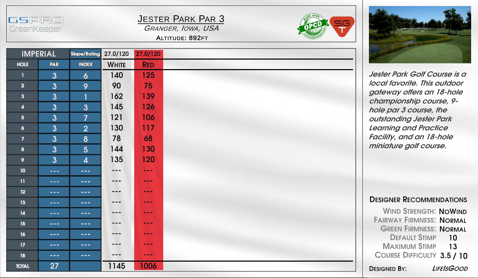 Jester Park Par 3 scorecard