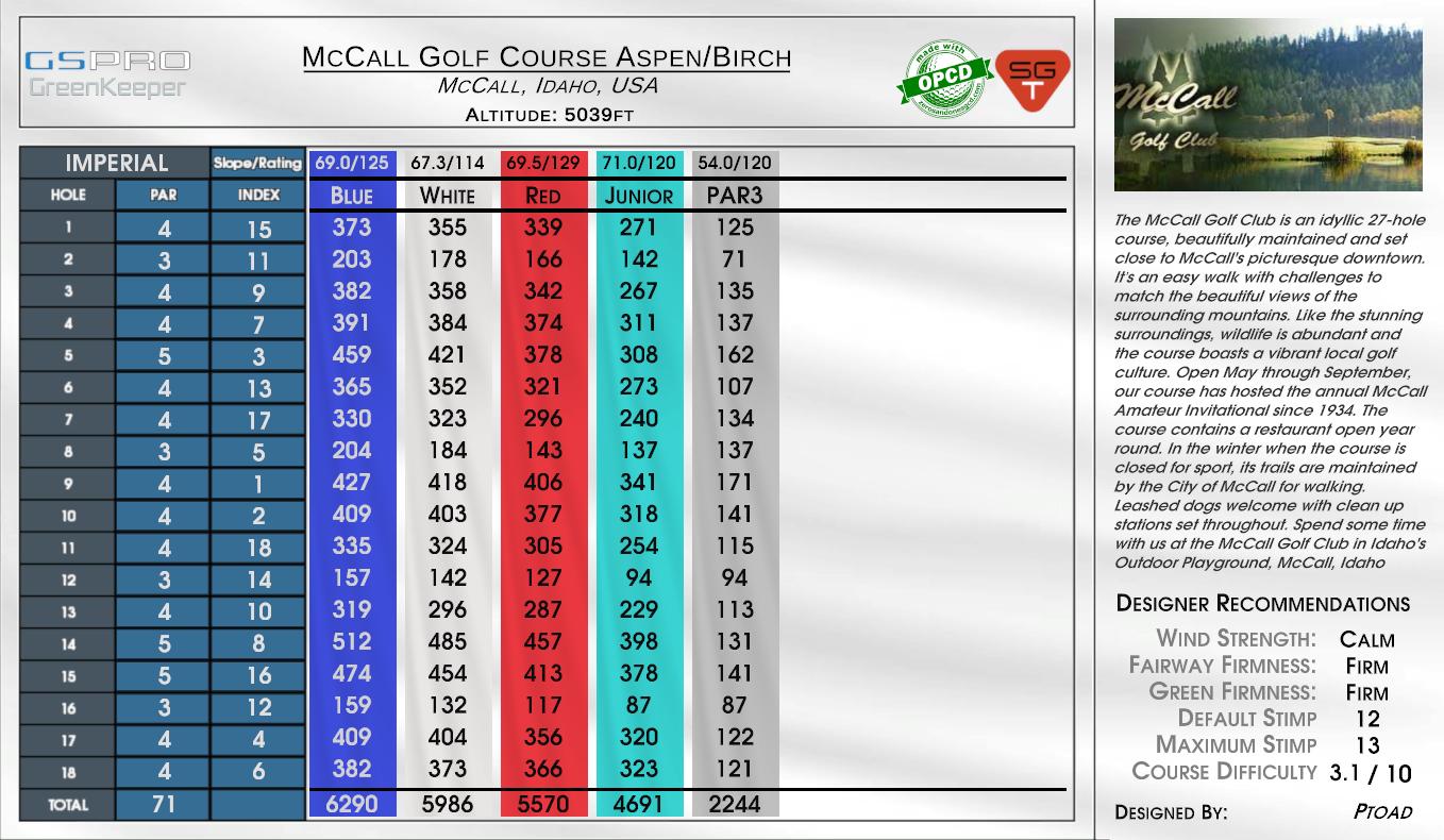 McCall Golf Course Aspen Birch scorecard