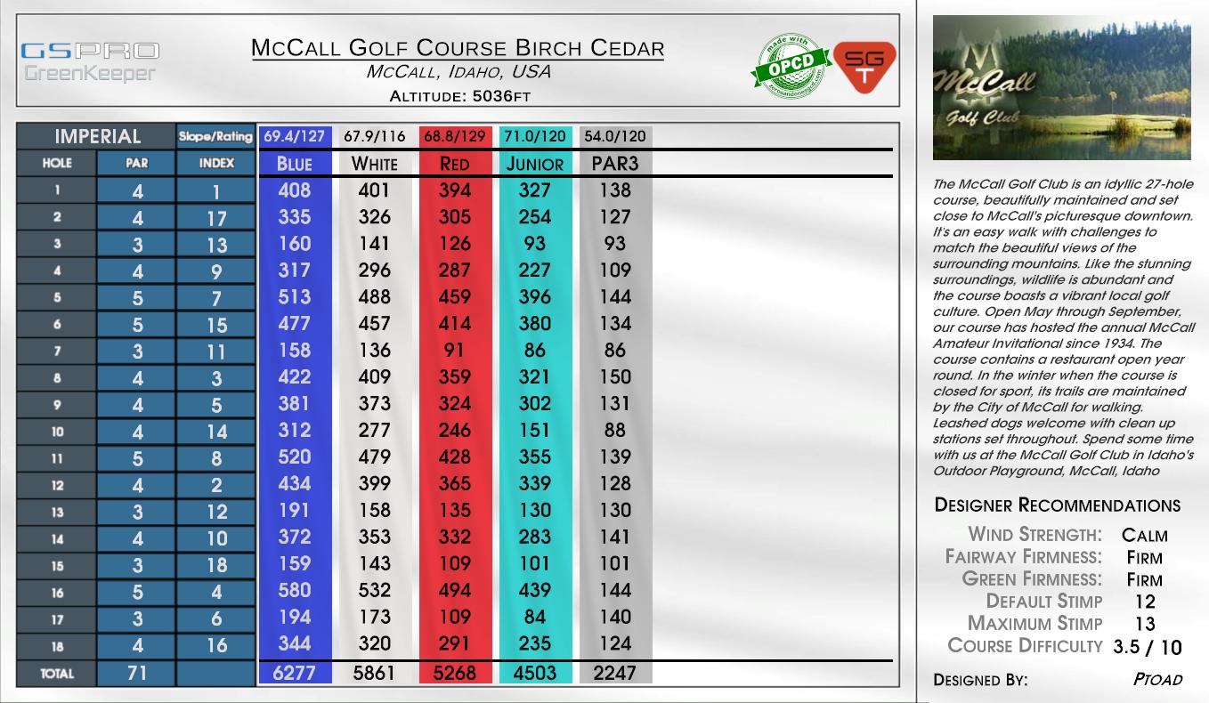McCall Golf Course Birch Cedar scorecard