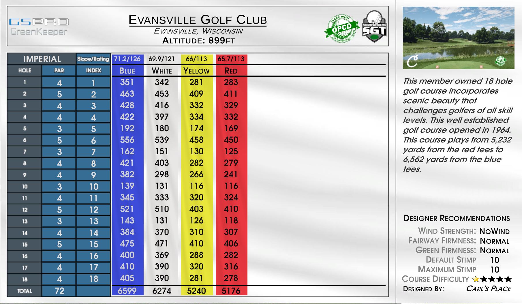 Evansville Golf Club scorecard