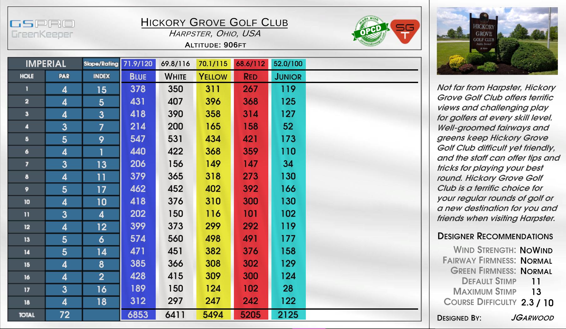 Hickory Grove Golf Club scorecard