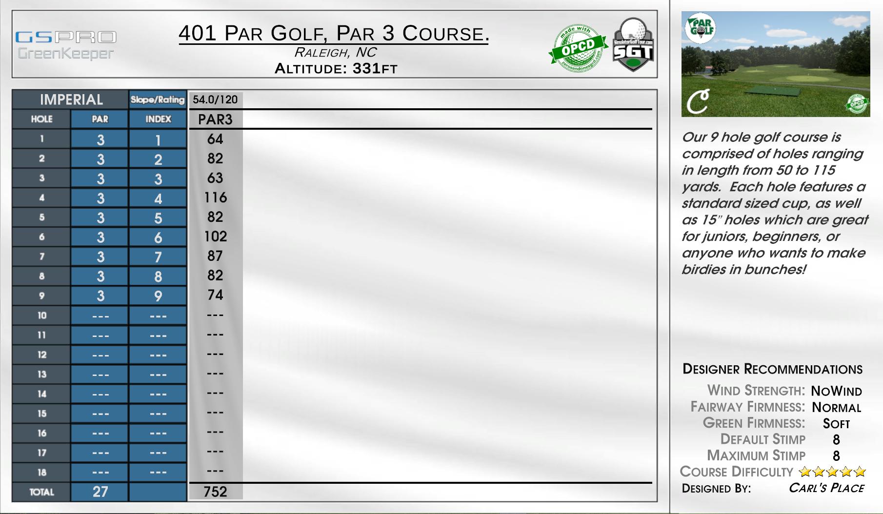 401 Par Golf, Par 3 Course. scorecard