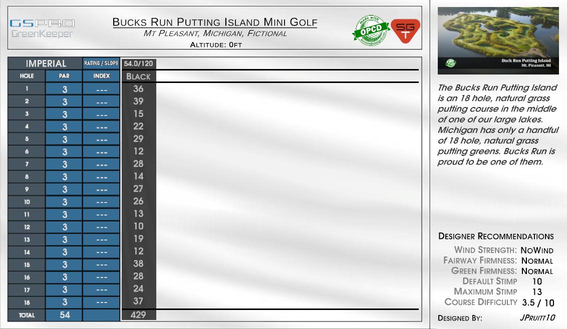 Bucks Run Putting Island Mini Golf scorecard