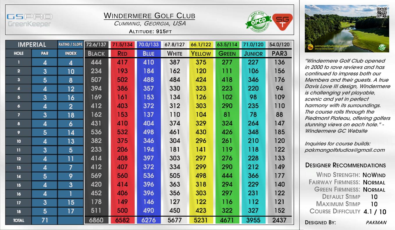 Windermere Golf Club scorecard