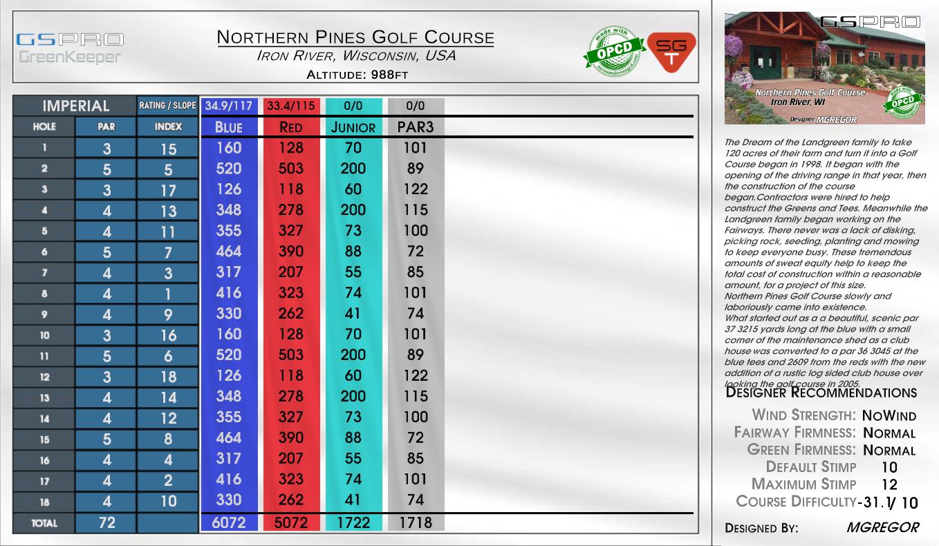 Northern Pines Golf Course scorecard