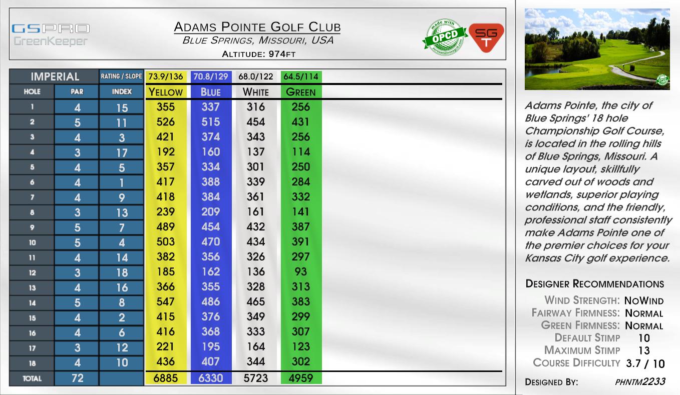 Adams Pointe Golf Club scorecard