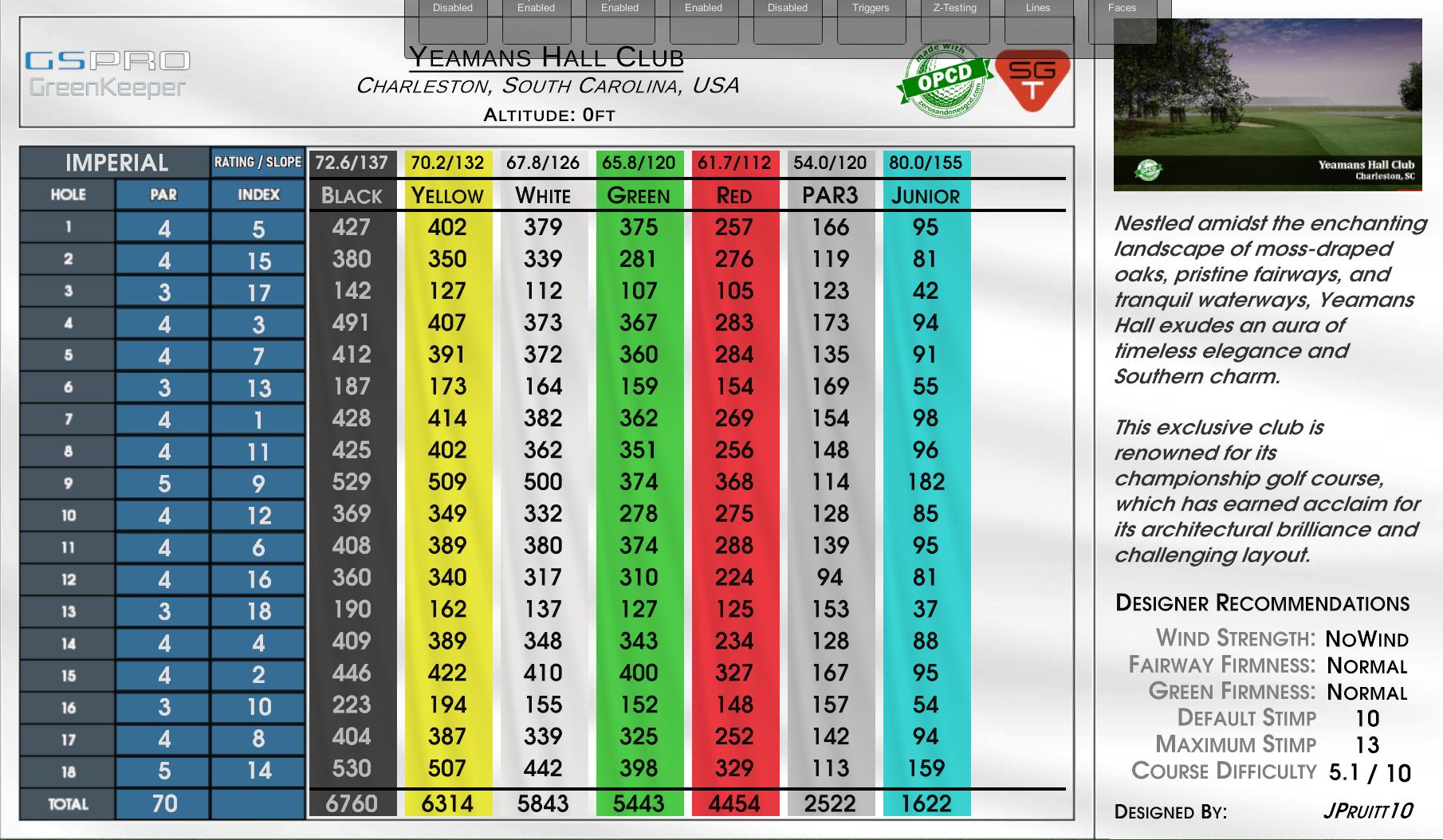 Yeamans Hall Club scorecard