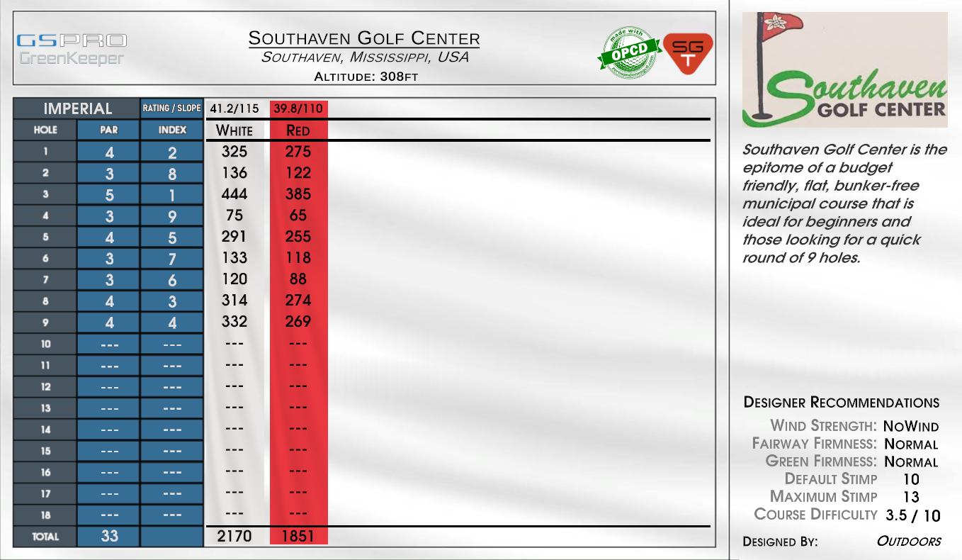 Southaven Golf Center scorecard