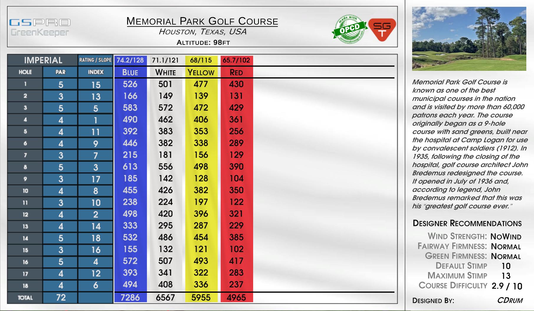 Memorial Park Golf Course scorecard