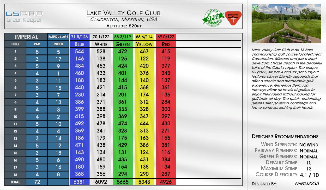 Lake Valley Golf Club scorecard