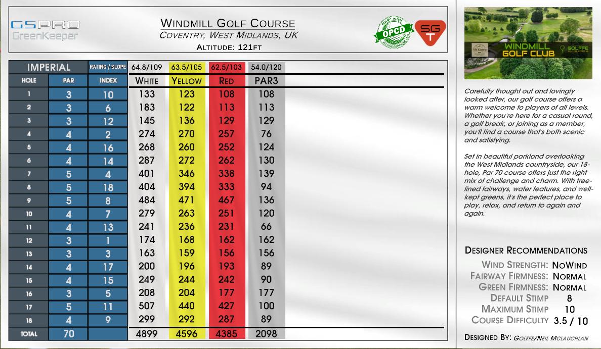 Windmill Golf Course scorecard