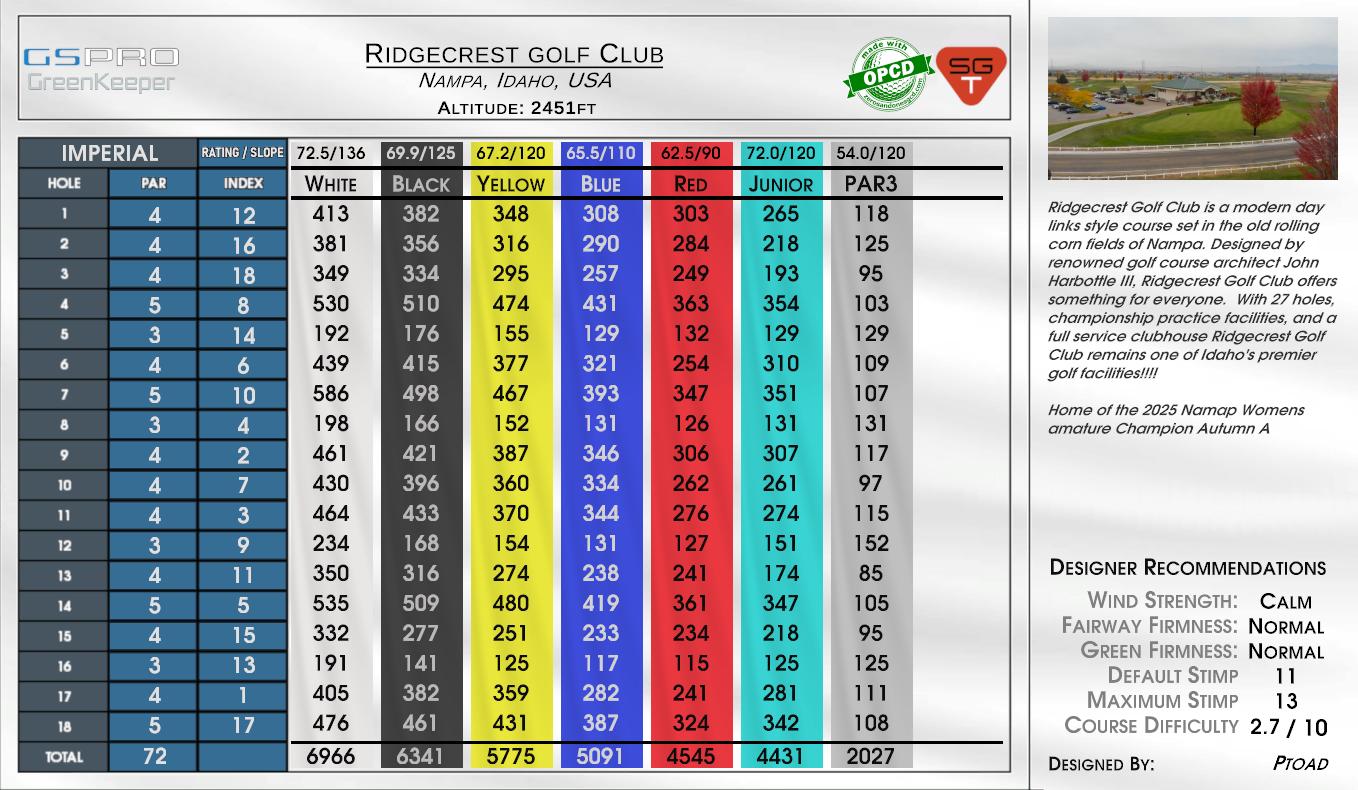 Ridgecrest golf Club scorecard