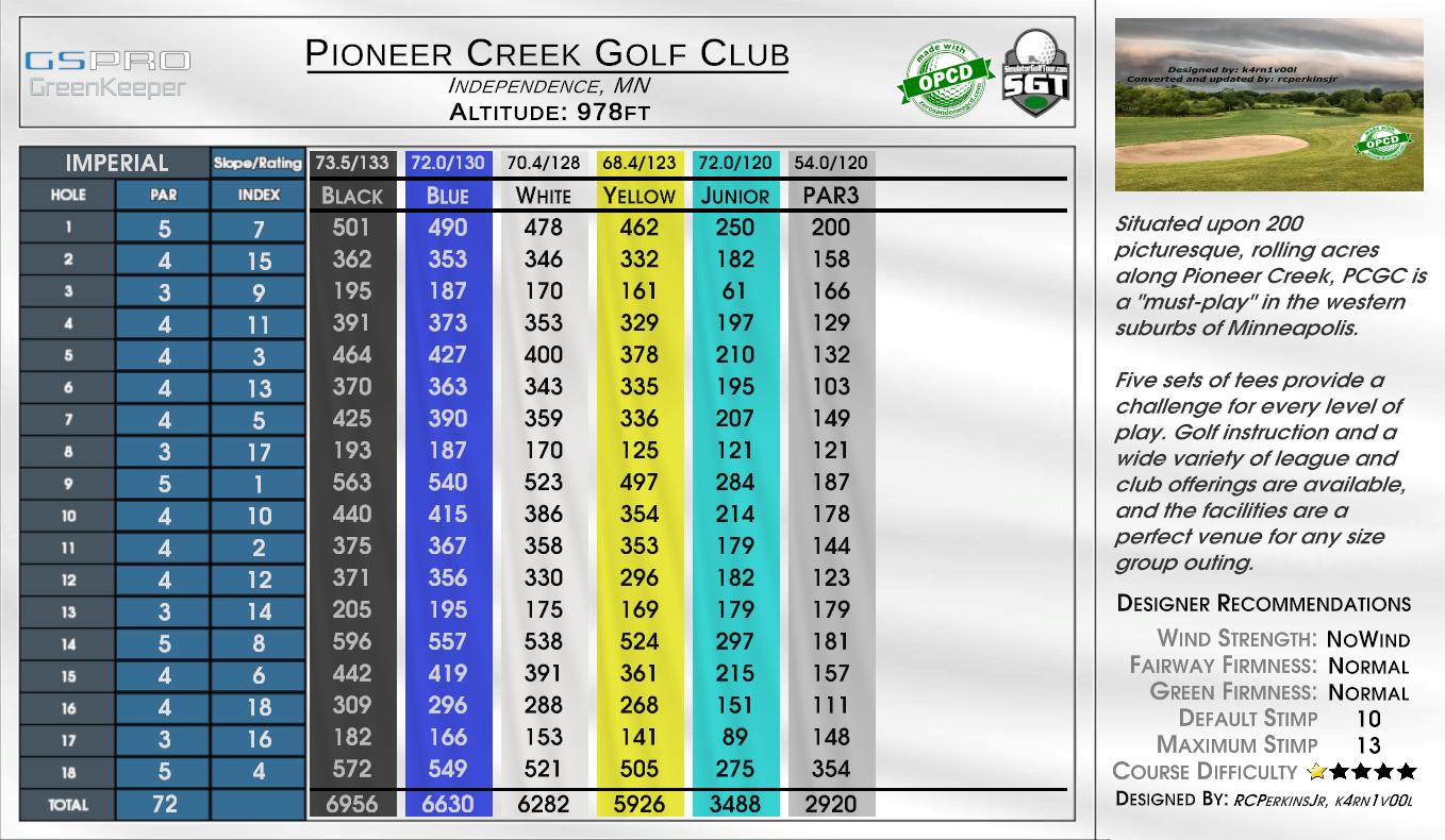 Pioneer Creek Golf Club scorecard