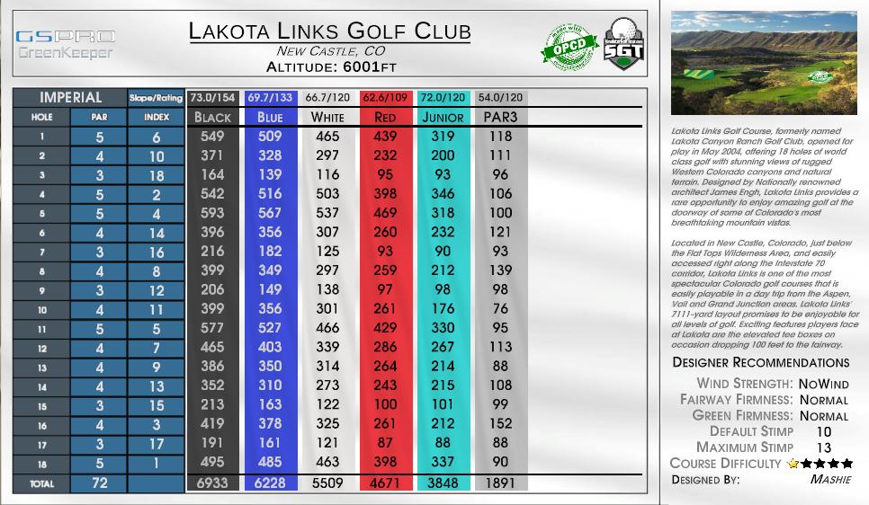 Lakota Links Golf Club scorecard