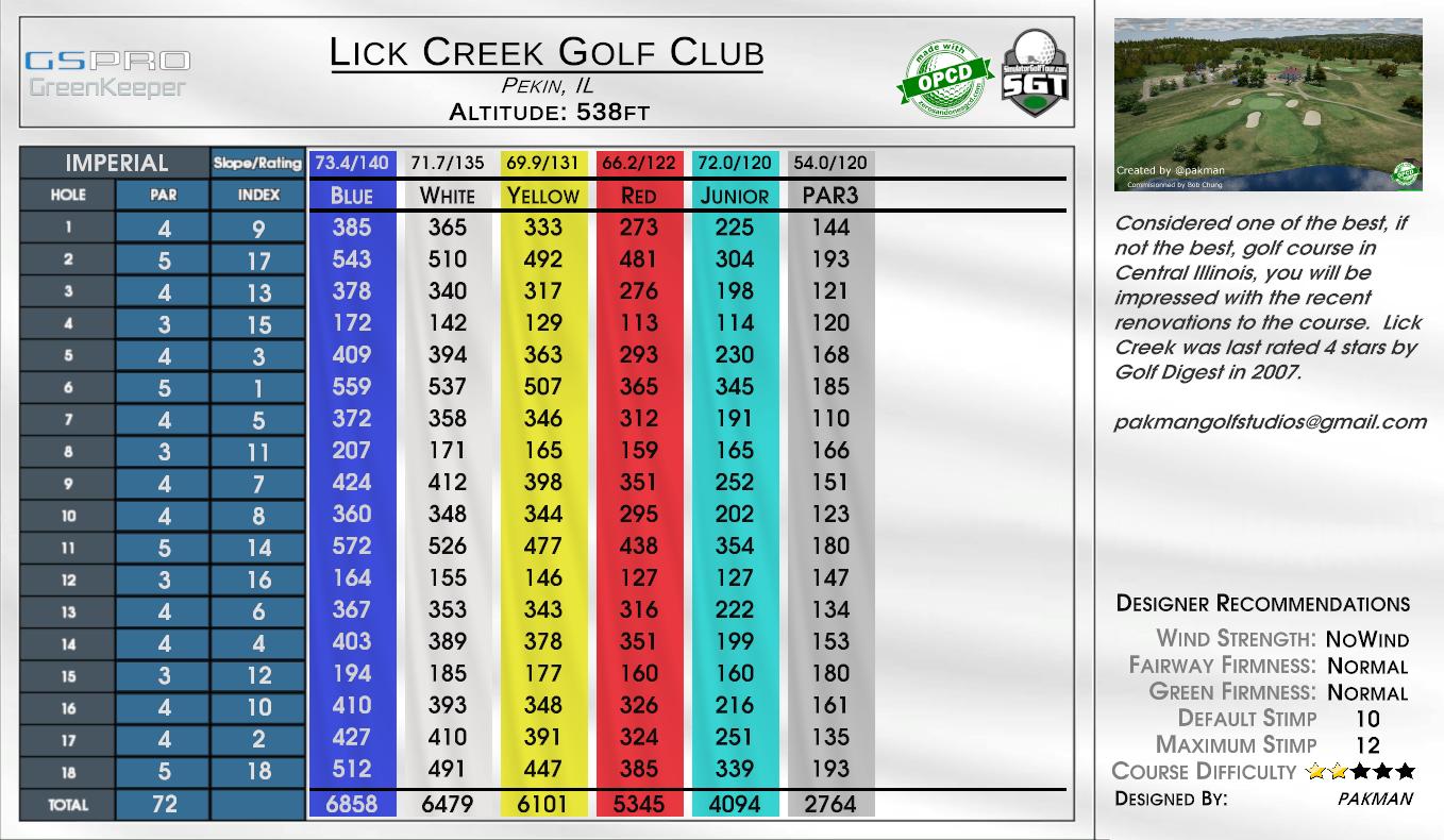 Lick Creek Golf Club scorecard
