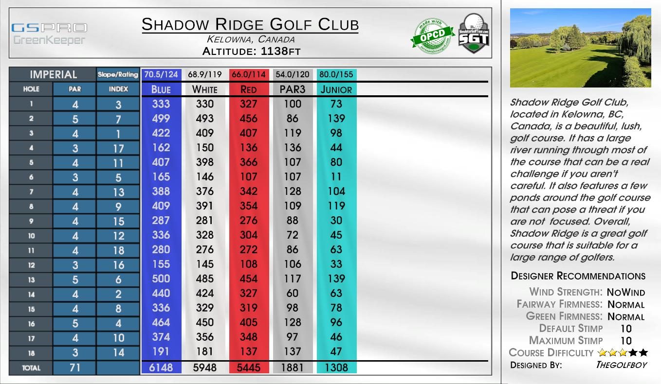 Shadow Ridge Golf Club scorecard
